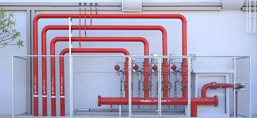 Firefighting pipework and fire-suppression equipment installed inside a building
